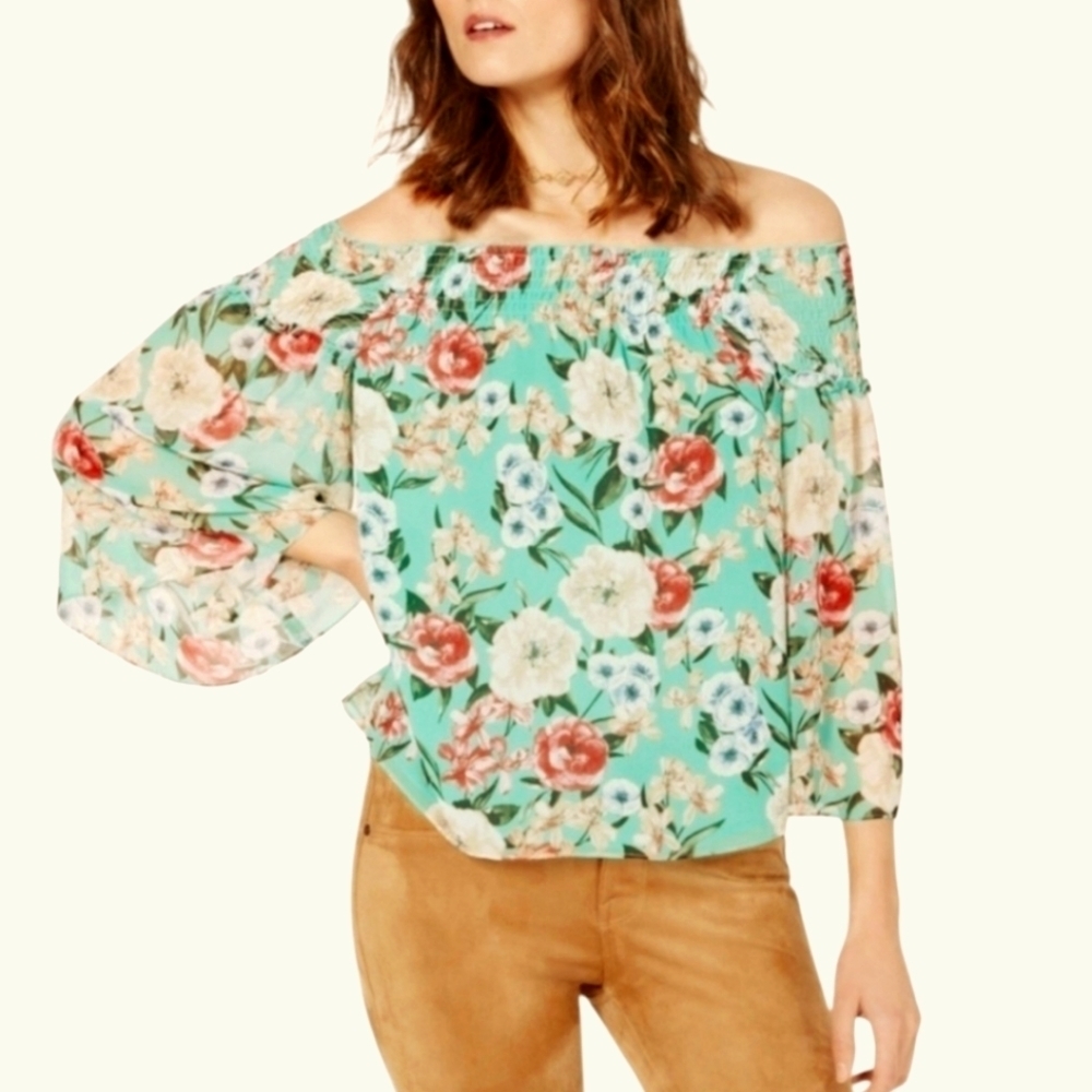 INC International Concepts Garden Floral Off Shoulder Bell Sleeve Top L Boho